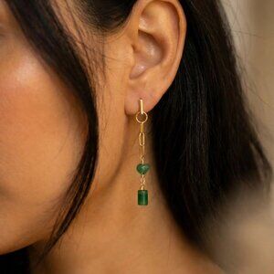 Dainty Natural Emerald Chain Earrings, Minimaliste earrings, Gemstone Drop